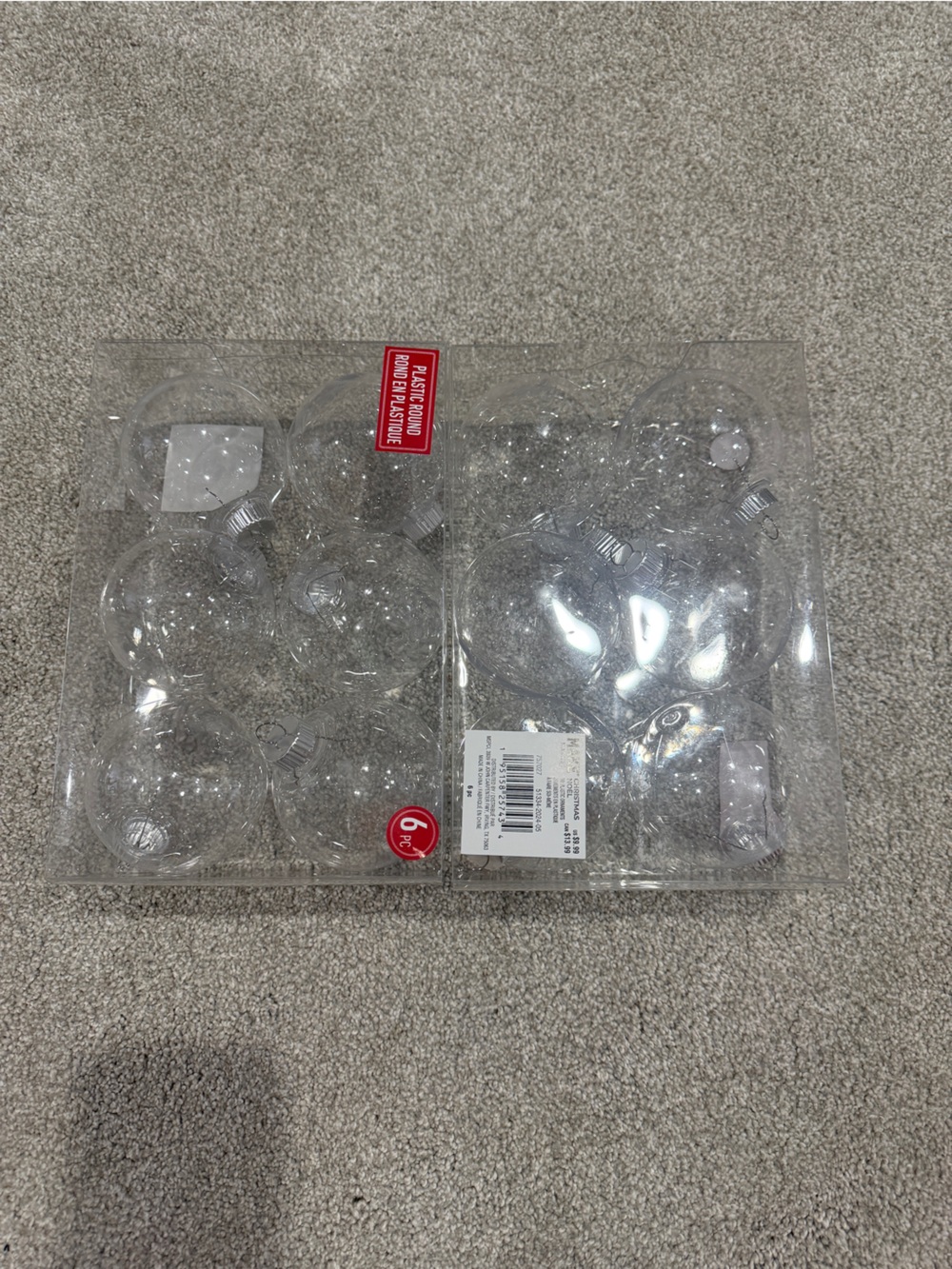 Clear plastic Hanging Holiday Ornaments – 2 Sets of 6